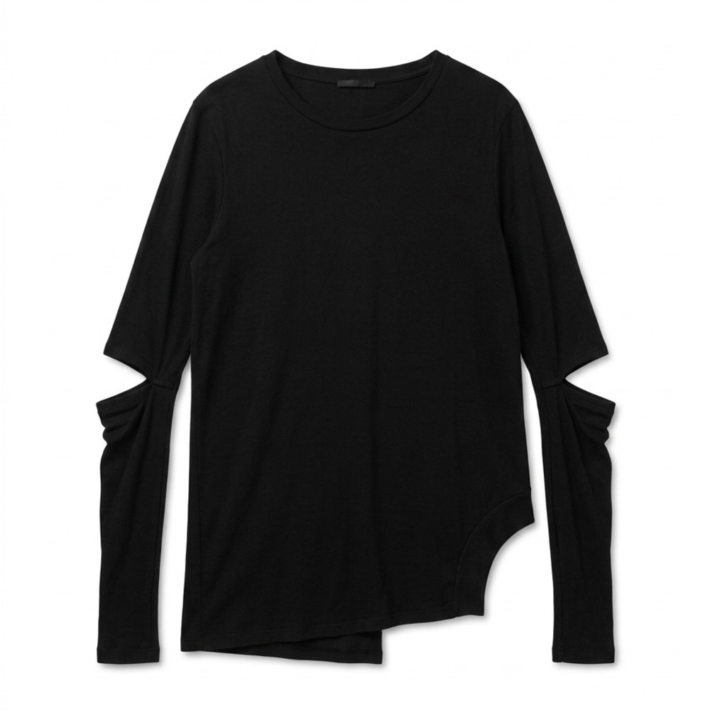 Asymmetric Black Long-Sleeve Top with Cutout Sleeves